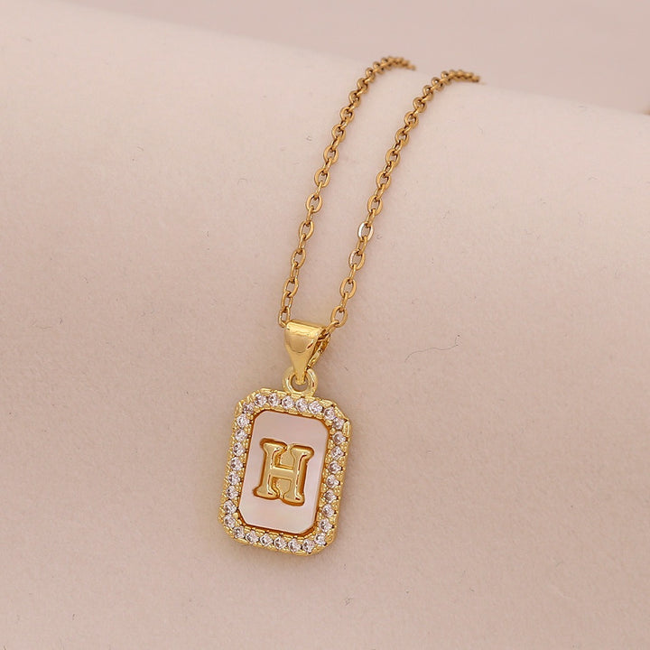 18K Gold Mother of Pearl Initial Necklace CZ Framed A-Z Square Letter Pendant