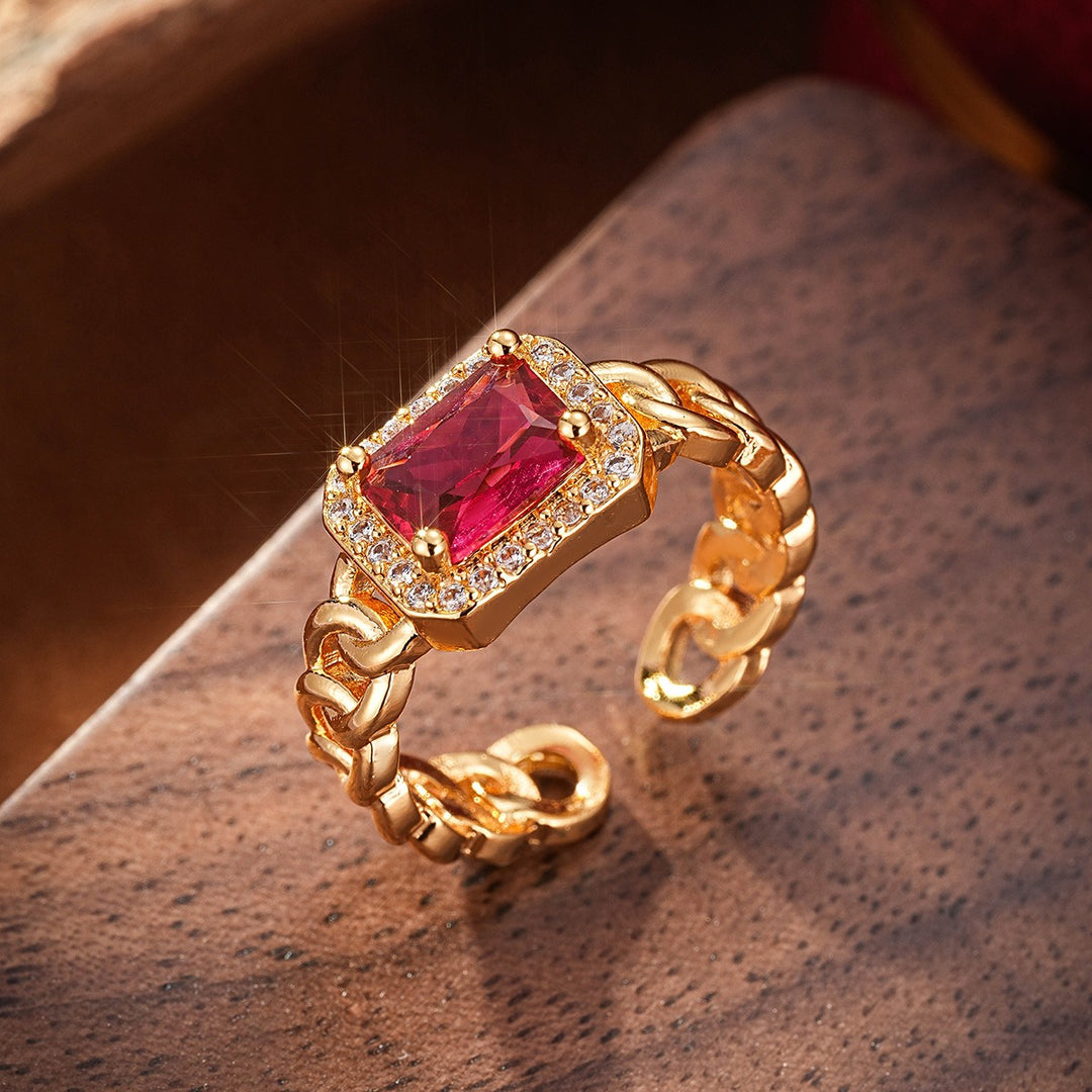 18K Gold Plated Emerald Cut Curb Chain Ring