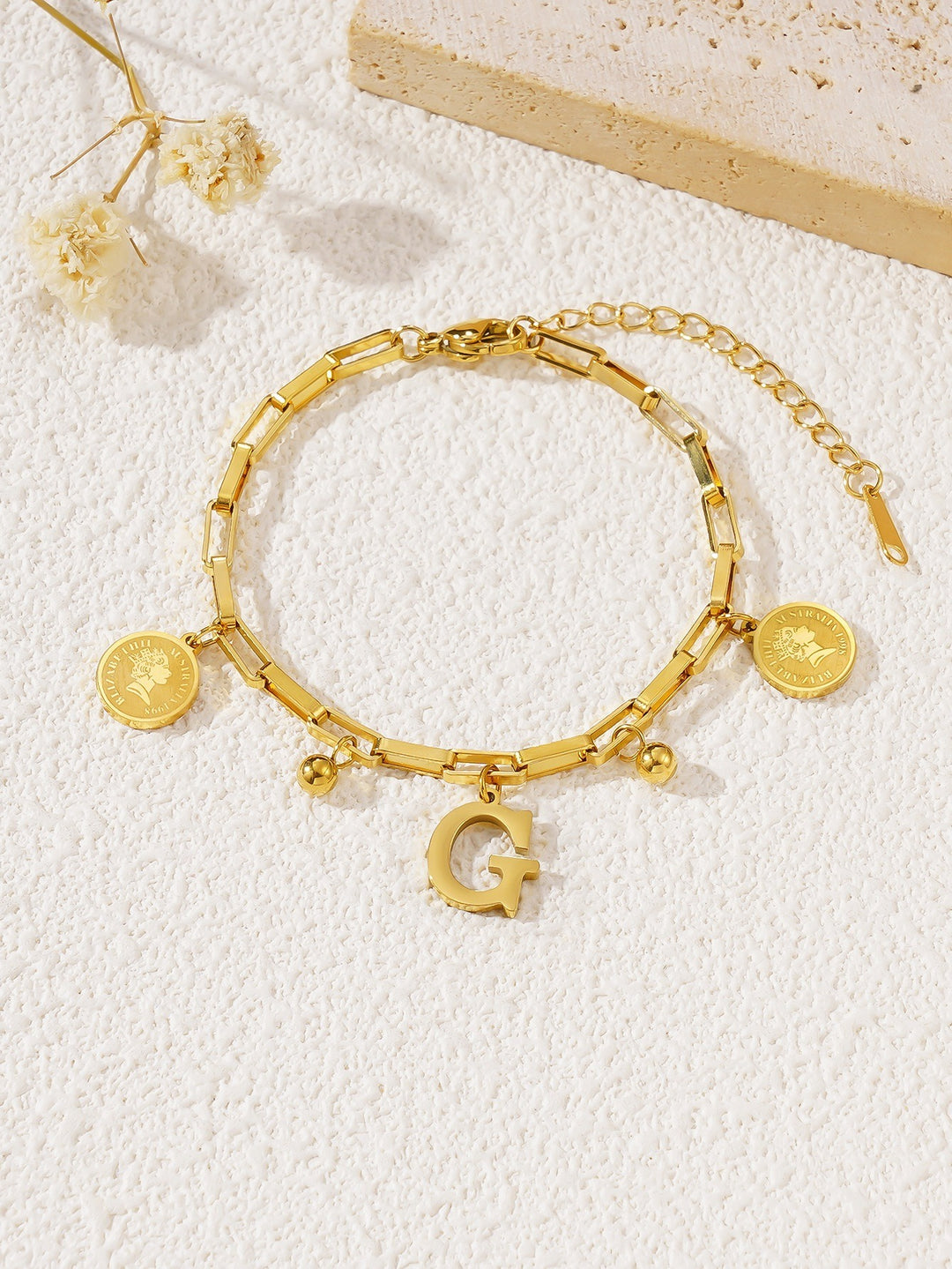 Personalized Initial Lucky Charm 26-Letter Vintage Coin 18K Gold Bracelet