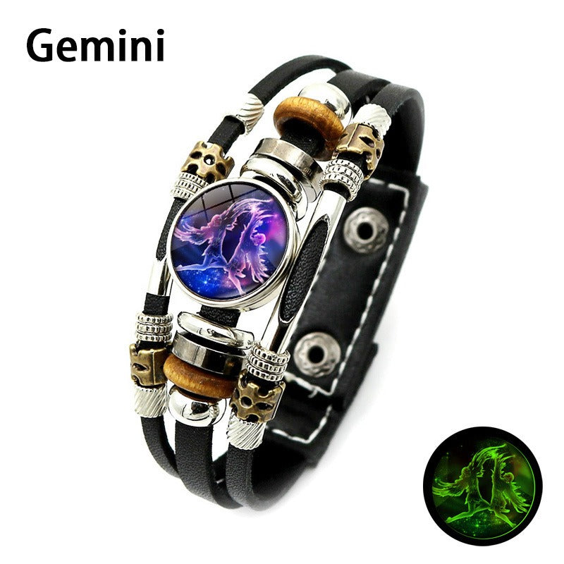 Glow in The Dark 12 Zodiac Multilayer Leather Bracelet