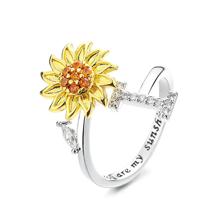 S925 Silver Sunflower Spinner Ring Personalized A-Z Initial CZ