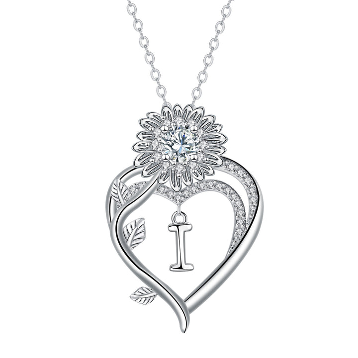 S925 Silver Sunflower Heart Initial Necklace Personalized A-Z Letter Pendant