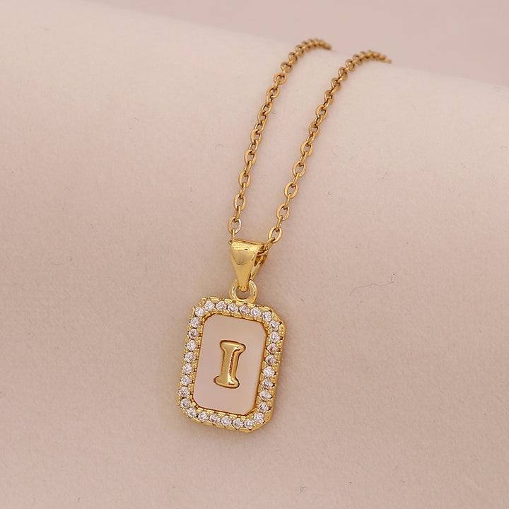 18K Gold Mother of Pearl Initial Necklace CZ Framed A-Z Square Letter Pendant